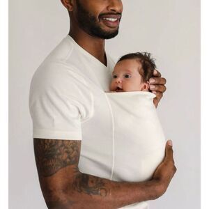 Lalabu cream vneck dad shirt baby wearing size XL